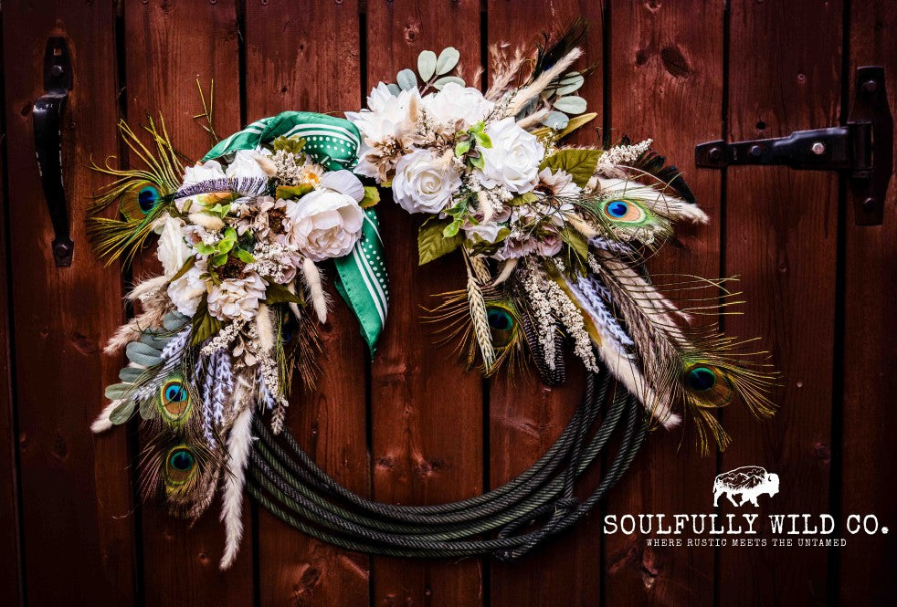 Western Soulful Rope Wreath - Green & White with Peacock