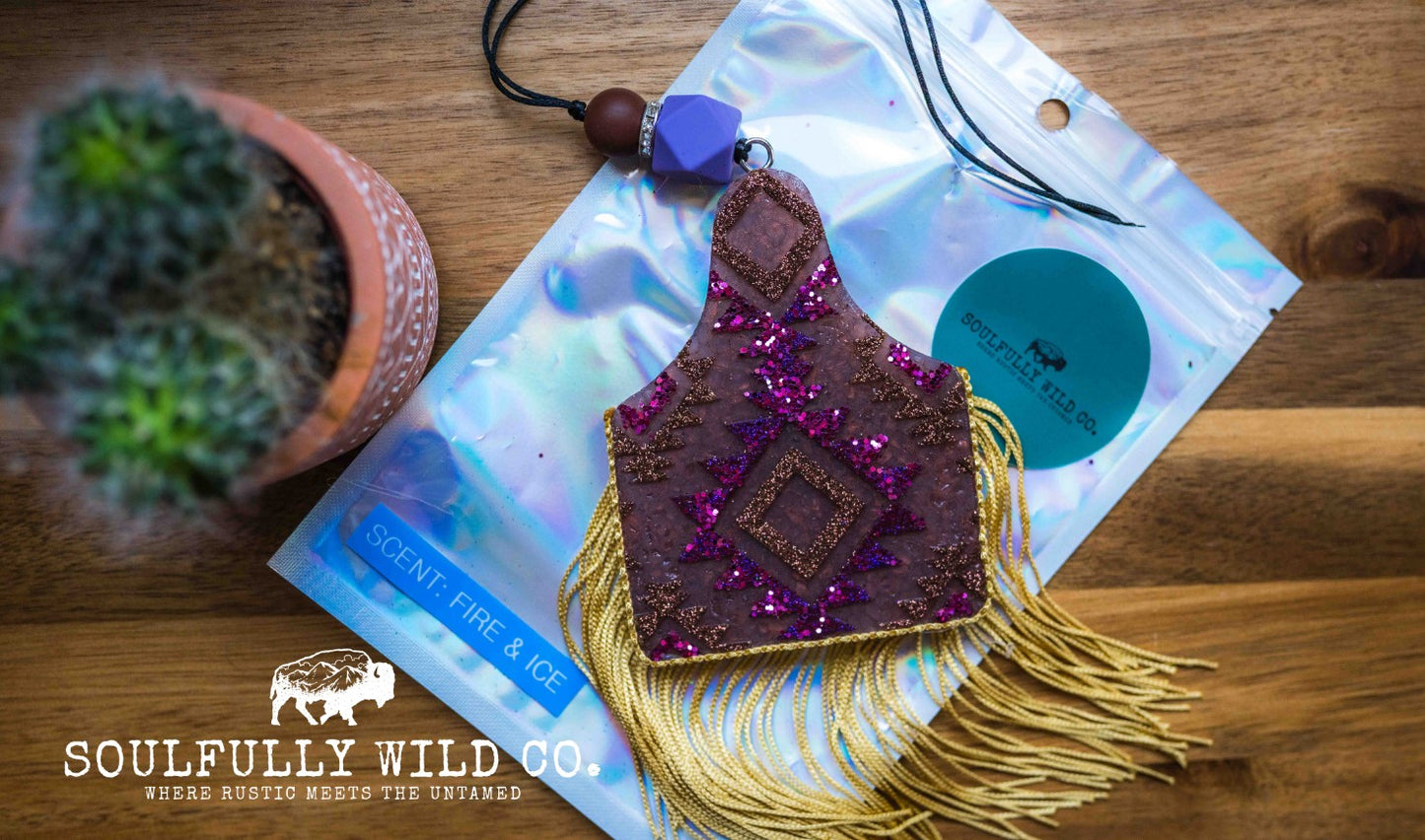 Soulful Air Freshener: Cow Tag with Purple and Copper Aztec Design (Scent: Fire & Ice)