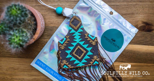 Soulful Air Freshener: Cow Tag with Turquoise & Gold Aztec Design (Scent: Eucalyptus & Sea Salt)