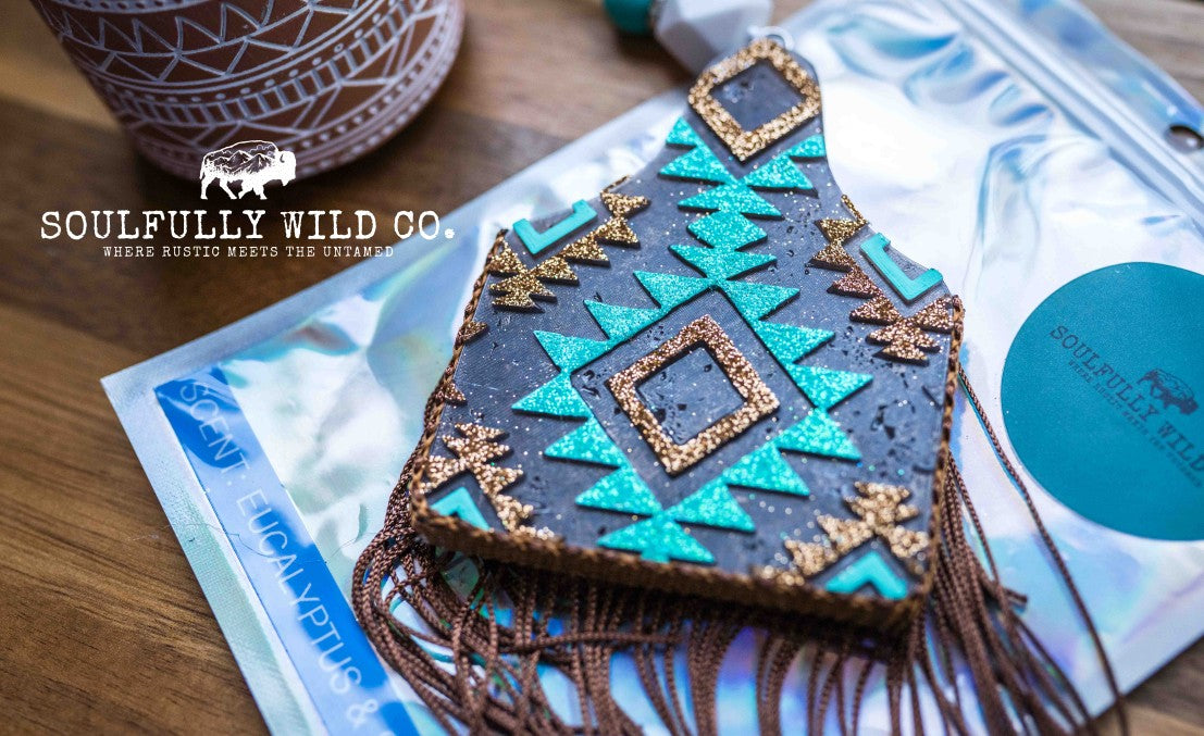 Soulful Air Freshener: Cow Tag with Turquoise & Gold Aztec Design (Scent: Eucalyptus & Sea Salt)