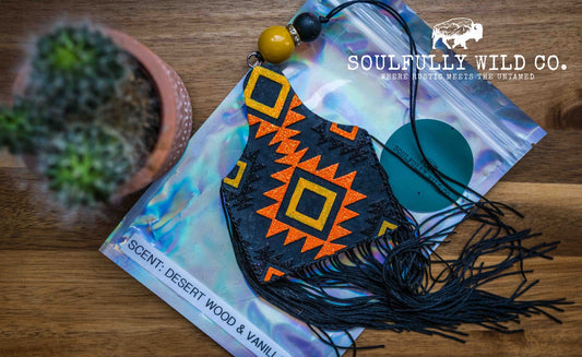 Soulful Air Freshener: Cow Tag with Black and Orange Aztec Design (Scent: Desert Wood & Vanilla)