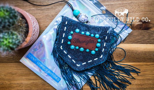 Soulful Air Freshener: Black Wrangler Pocket with Turquoise Stones (Scent: Cowboy Britches)