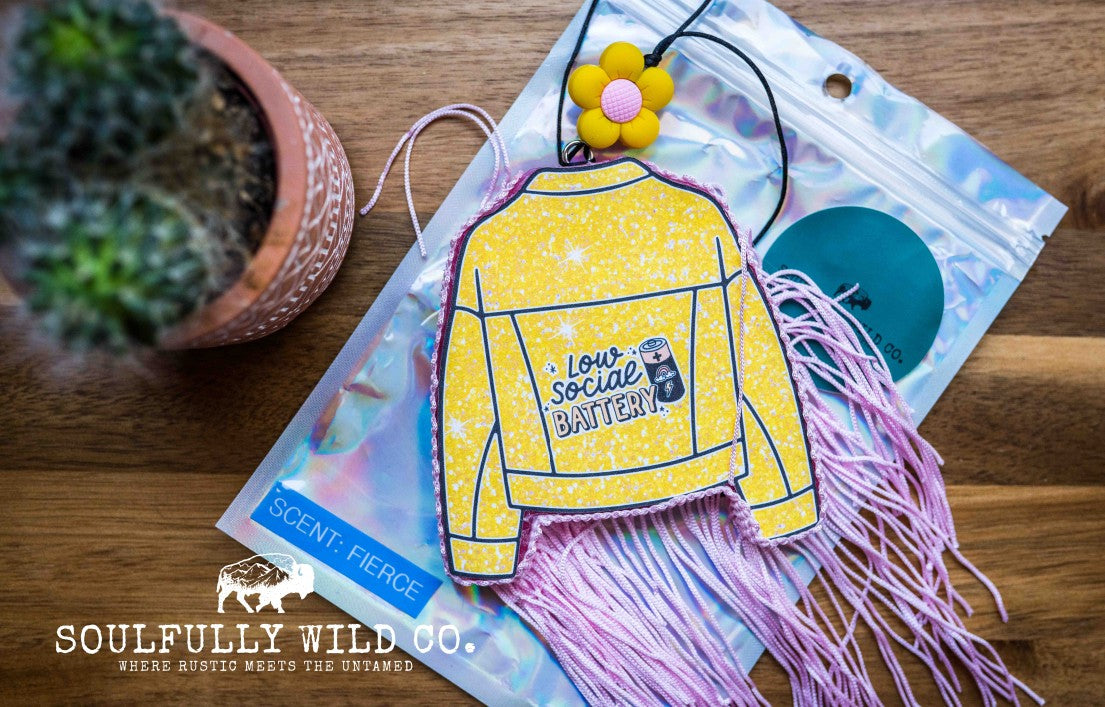 Soulful Air Freshener: Jacket "Low Social Battery" with Pink Fringe (Scent: Fierce)