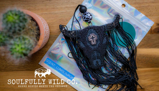 Soulful Air Freshener: Bullhead Black & Cross with Black Fringe (Scent: Lumberjack)