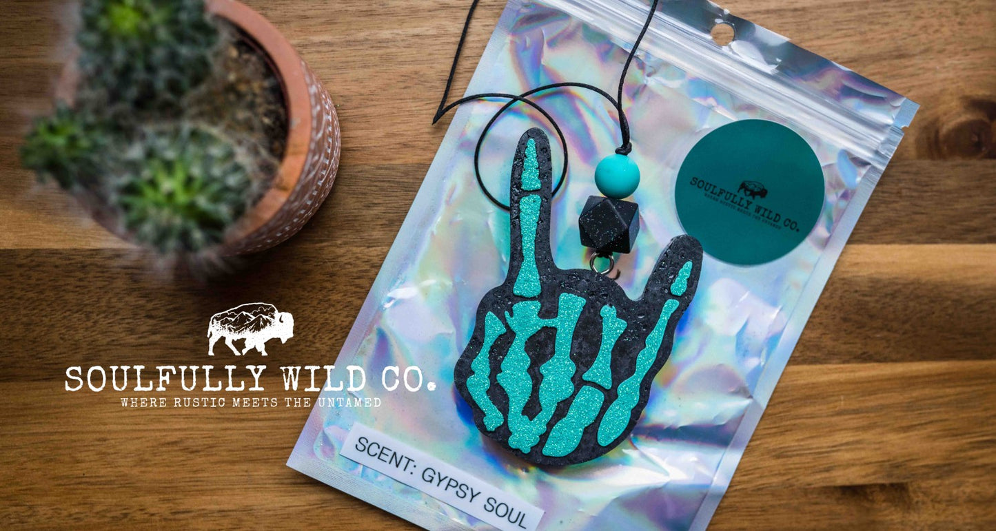 Soulful Air Freshener: Skelton Hand - Turquoise & Black (Scent: Gypsy Soul)