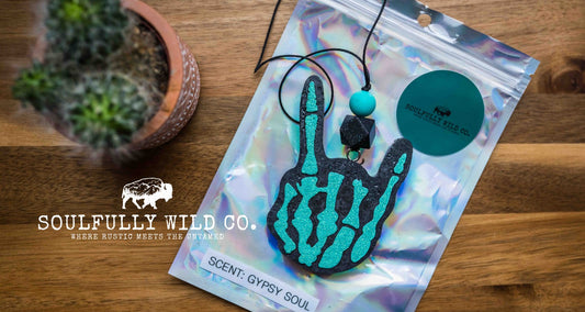 Soulful Air Freshener: Skelton Hand - Turquoise & Black (Scent: Gypsy Soul)