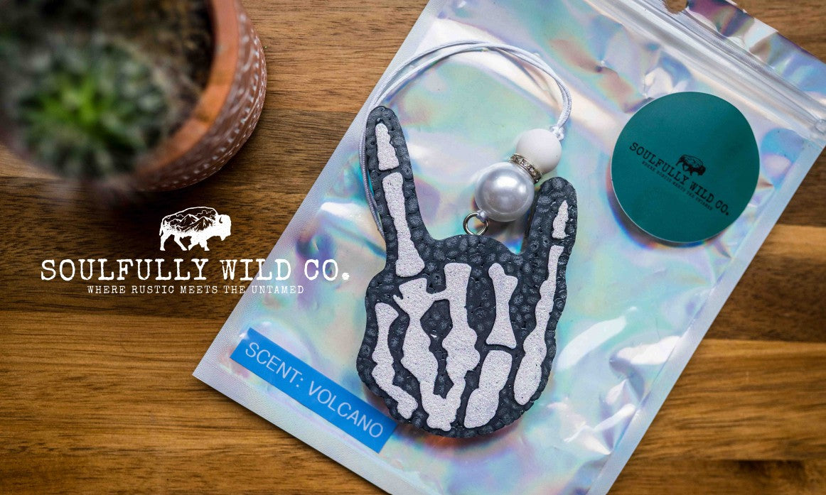 Soulful Air Freshener: Skelton Hand - White & Black (Scent: Volcano)
