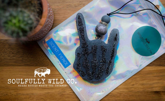 Soulful Air Freshener: Skelton Hand - Black & Black (Scent: Fierce)