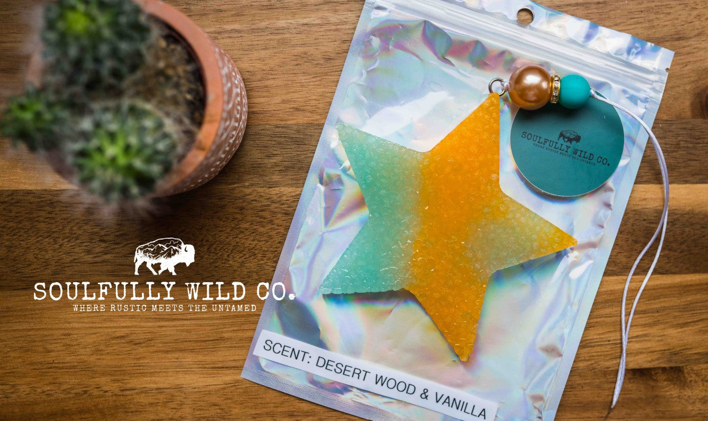 Soulful Air Freshener: Yellow and Teal Star (Scent: Desert Wood/Vanilla)