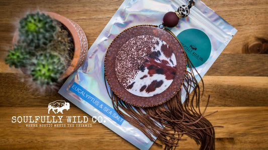 Soulful Air Freshener: Copper Circle Cowhide and Sparkles with Fringe (Scent: Eucalyptus & Sea Salt)