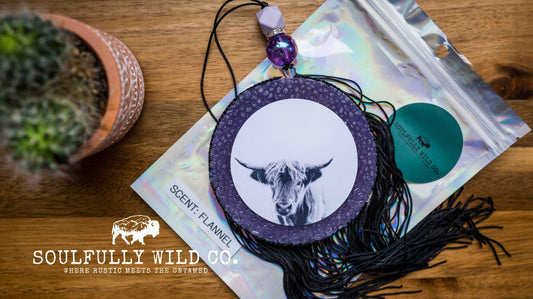 Soulful Air Freshener: Purple Circle with Highland Cow (Scent: Flannel)