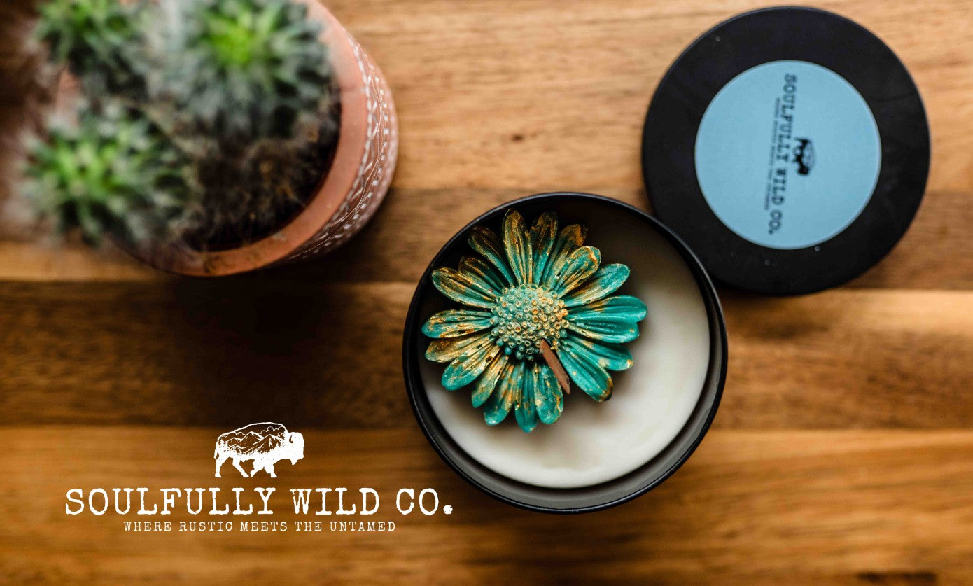 Soulful Handcrafted Soy Candles - Dark Turquoise & Gold with Cream Base (Scent: 50 Shades)