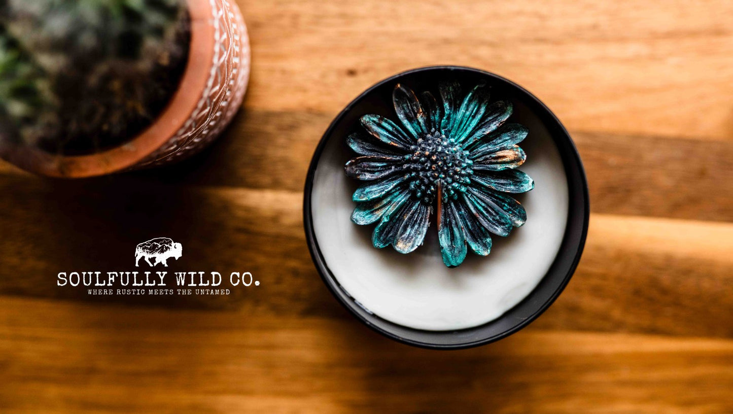 Soulful Handcrafted Soy Candles - Black/Grey ish with Turquoise/Gold (Scent: Flannel)