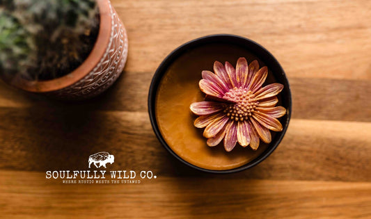 Soulful Handcrafted Soy Candles - Light Purple with Gold/Yellow and Caramel Base (Scent: Vanilla)