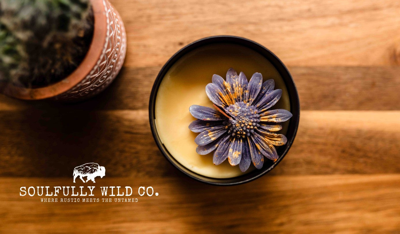 Soulful Handcrafted Soy Candles - Purple ish / Grey& Gold with Yellow Base (Scent: Flannel)