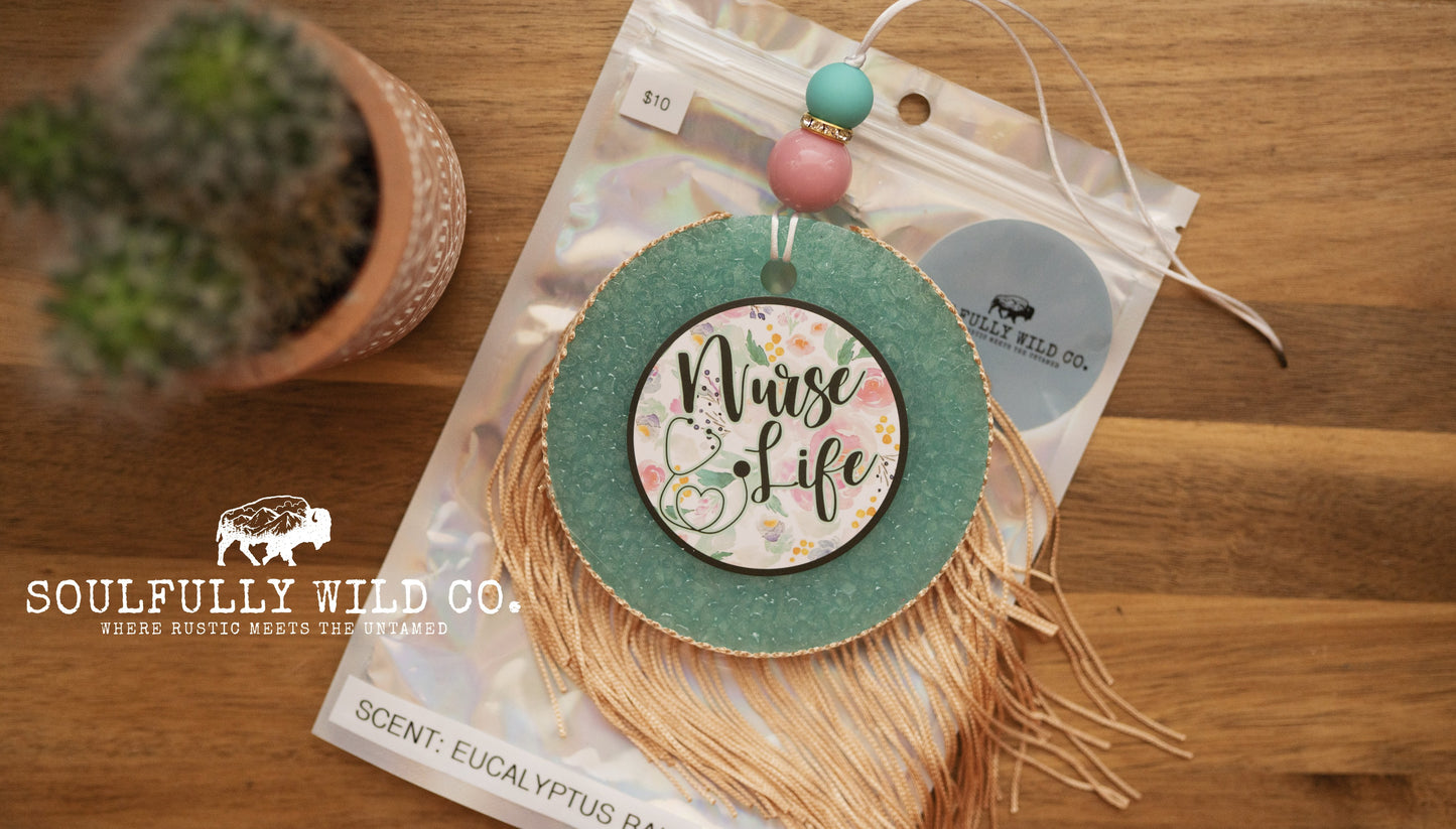 Soulful Air Freshener: "Nurse life" Teal Circle with Blonde Fringe