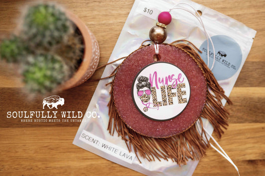 Soulful Air Freshener: "Nurse life" Red Circle with Bronze Fringe (Scent: White Lava)