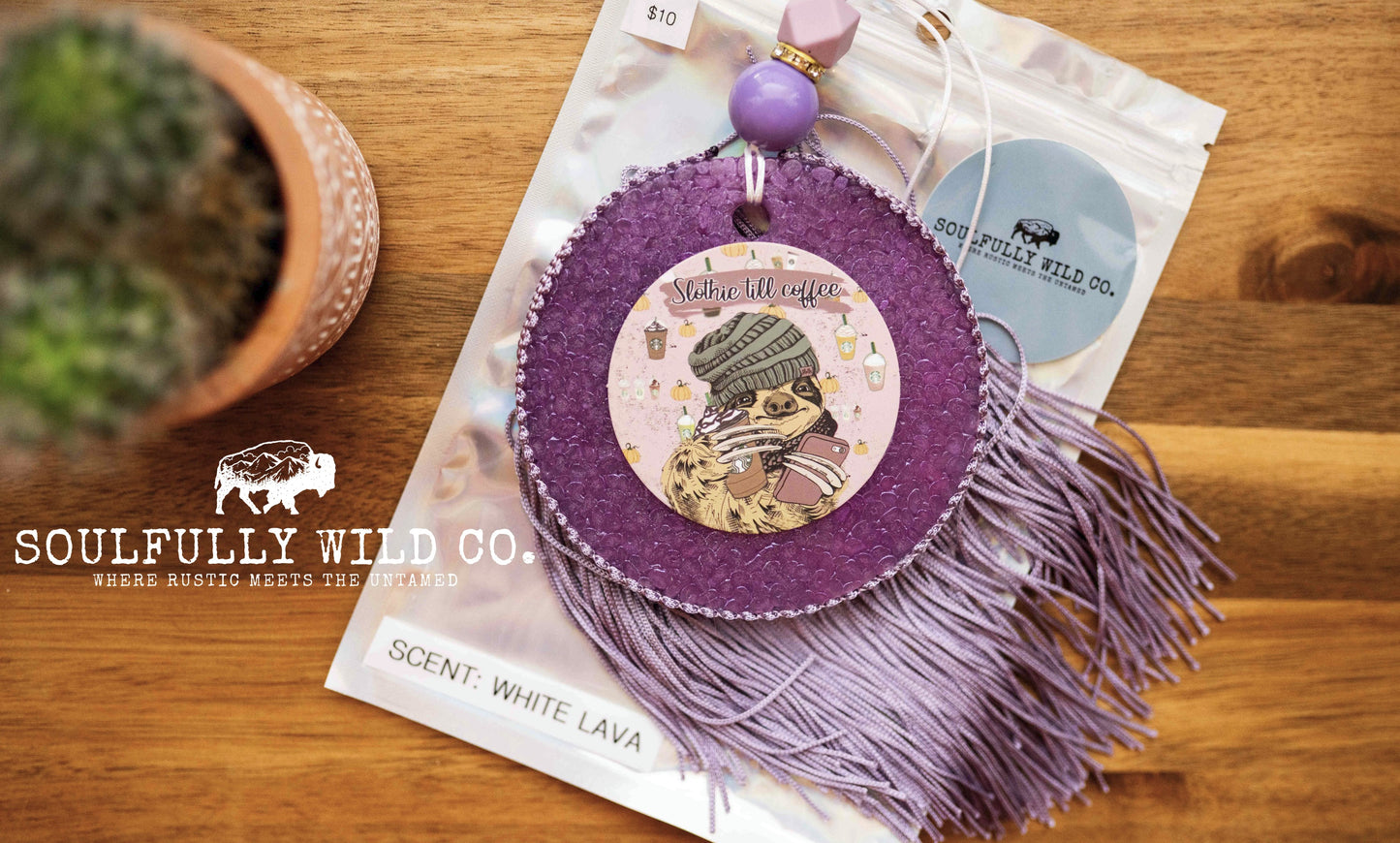 Soulful Air Freshener: "Slothie Till Coffee" Purple Circle with Purple Fringe (Scent: White Lava)