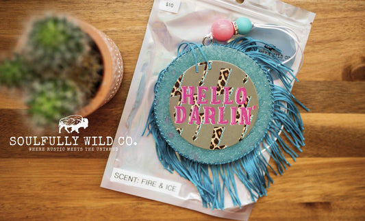 Soulful Air Freshener: "Hello Darlin'" Turquoise Circle & Fringe (Scent: Fire & Ice)