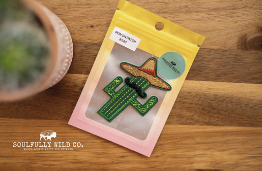 Iron On Patch - Cactus with Mustache and Hat