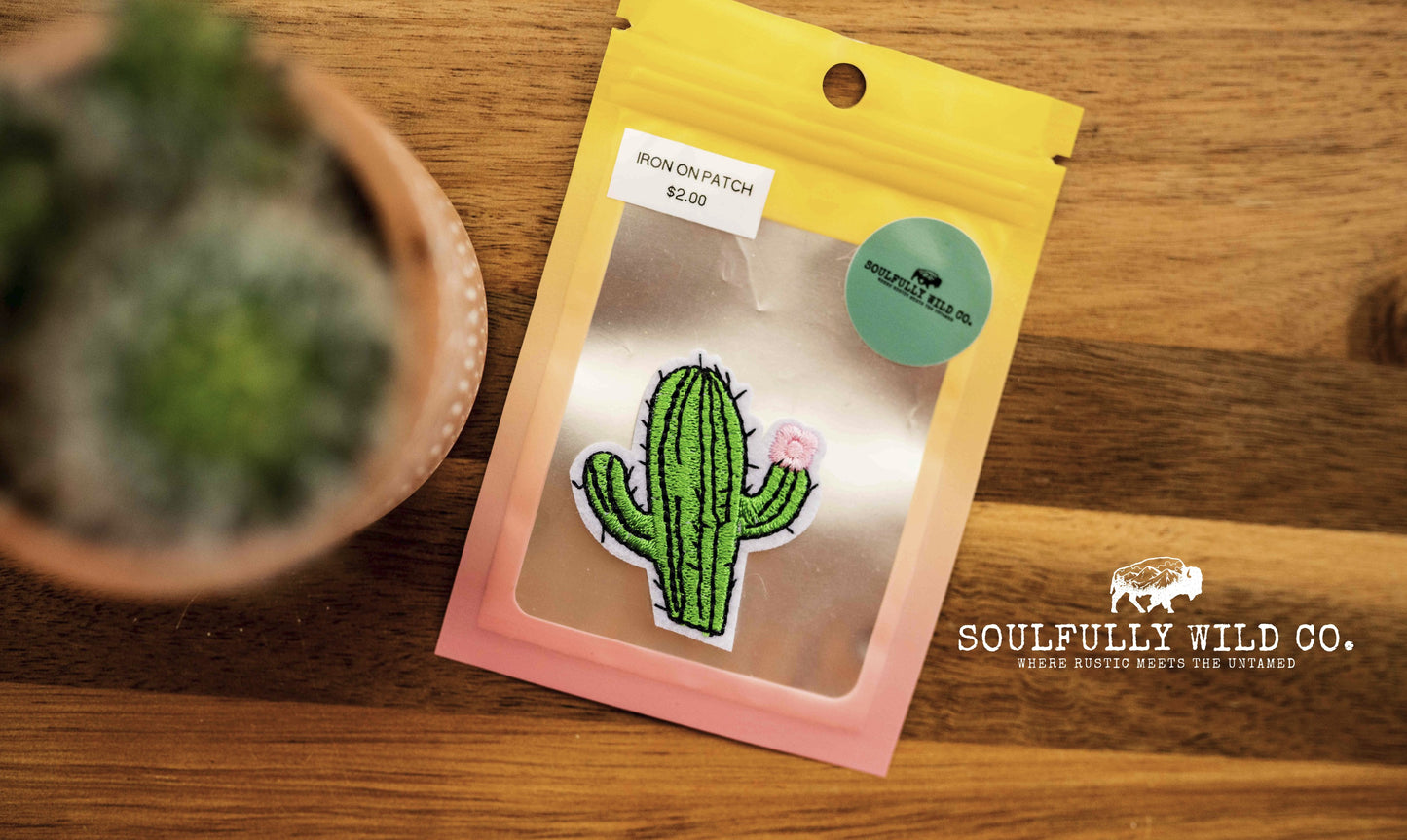 Iron On Patch - Green Cactus with Pink Flower