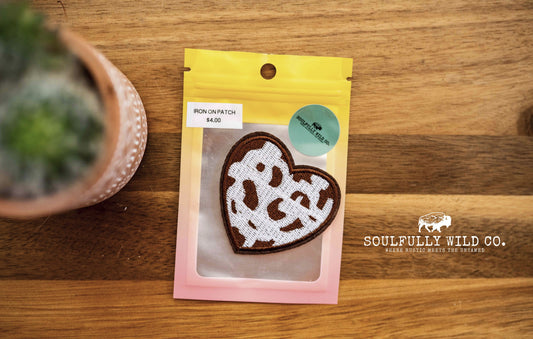 Iron On Patch - Cow Print Heart (Brown and White)