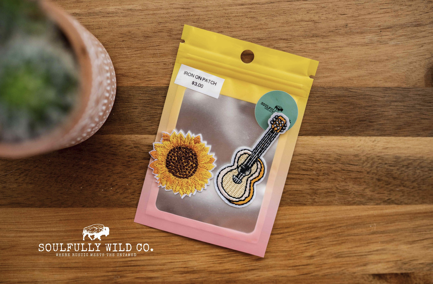 Iron On Patch - Sunflower and Guitar Yellow/Tan (2pc)
