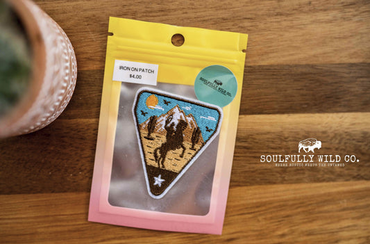 Iron On Patch - Rearing Cowboy/Horse with Desert/Mountain Range
