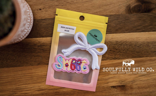 Iron On Patch -"Sweet" with White Bow (2 pc)