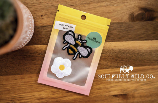 Iron On Patch - Bumble Bee with White Flower (2 pc)