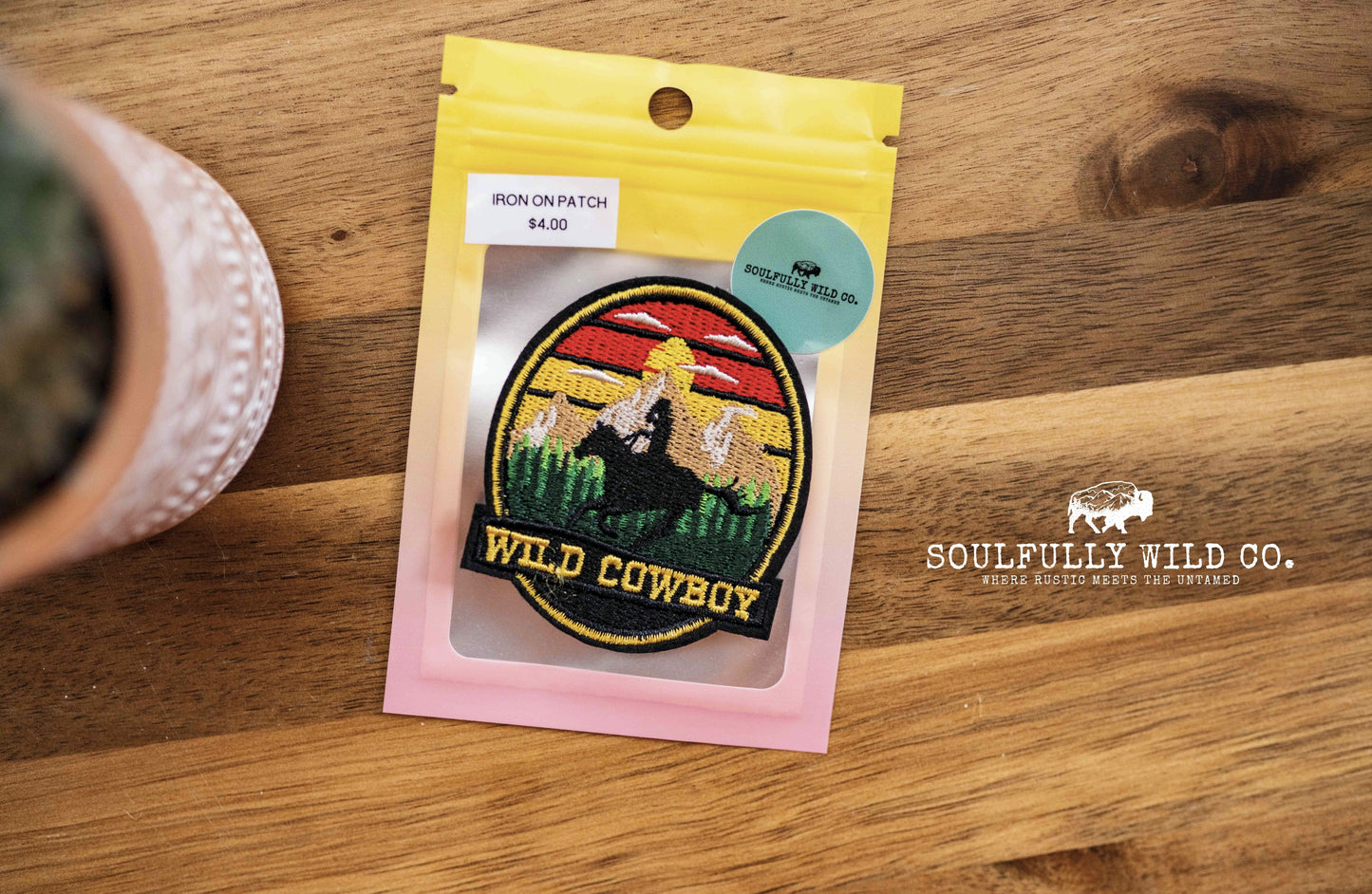 Iron On Patch - "Wild Cowboy" (Mountain Range Sunset)