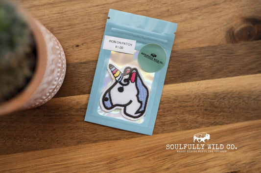 Iron On Patch - Small unicorn Head, White, blue