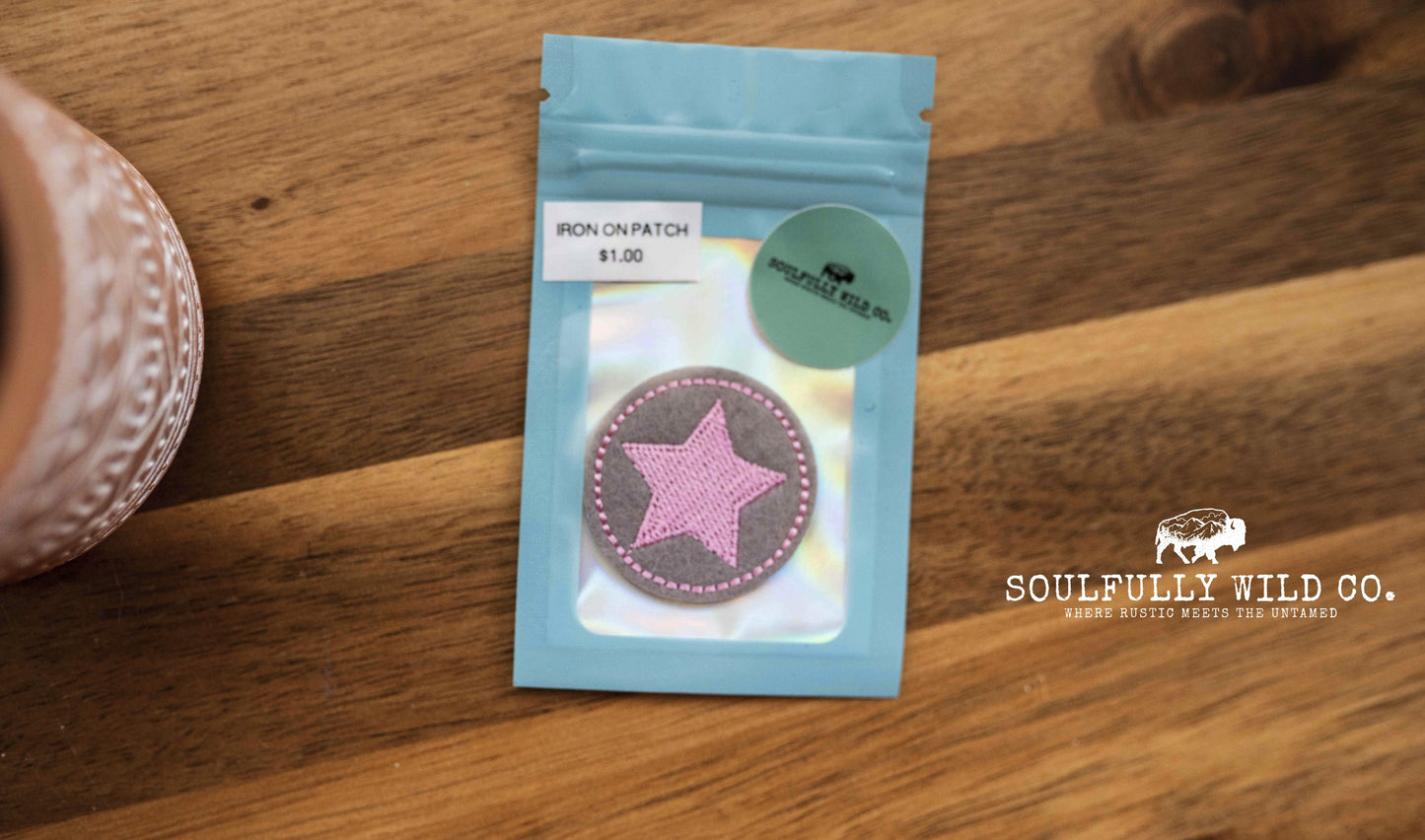 Iron On Patch - Small Pink and Grey Star