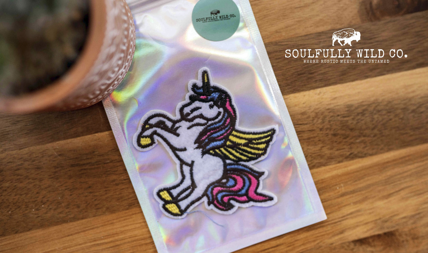 Iron On Patch - Unicorn with Wings (Pink and Blue)