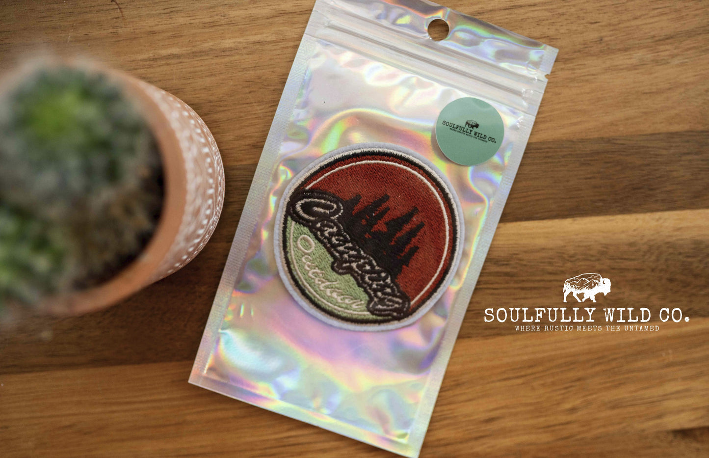 Iron On Patch -  "Camping" Circle (Green, Red and Brown)