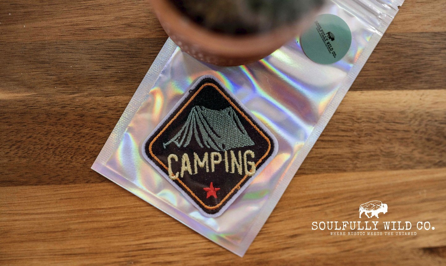 Iron On Patch - "Camping" Tent and Star