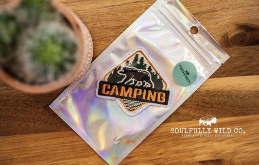 Iron On Patch - "Camping" Trees and Bear