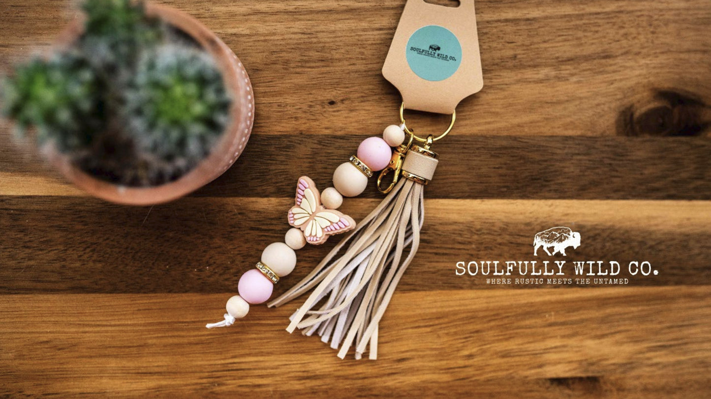 Wild Soul Keychain -  Tan, Cream and Pink Butterfly