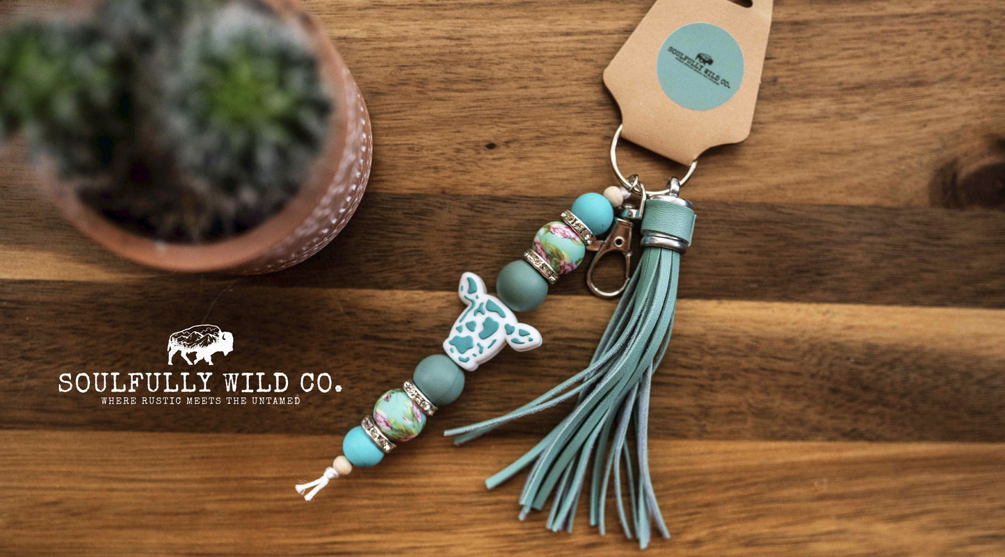 Wild Soul Keychain - Teal Cow Head with Teal Flower Focals
