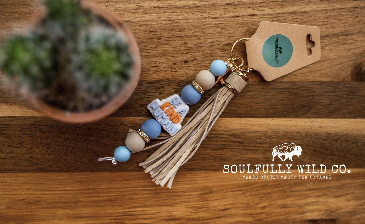 Wild Soul Keychain - "Be A Kind Human" Blue/Orange