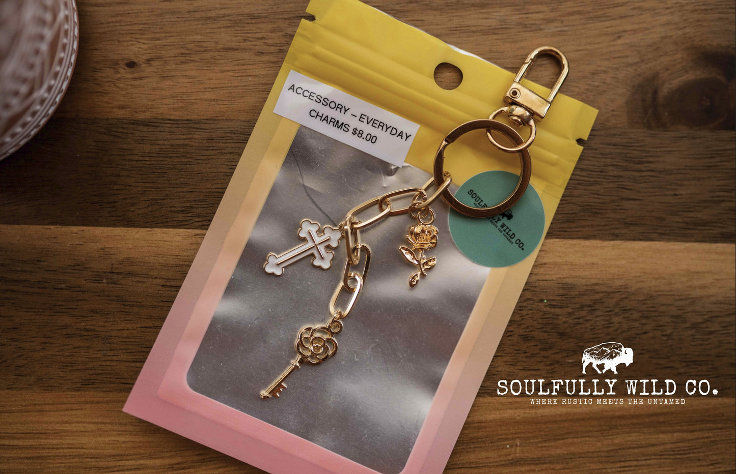 Everyday Charm - White and Gold Cross, Gold Key and Rose