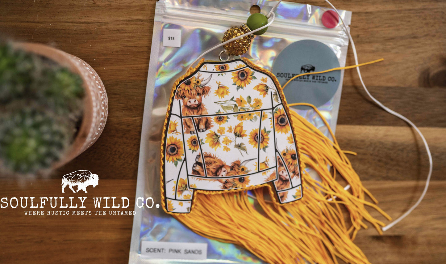 Soulful Air Freshener: Jacket - Highland Cows - Yellow (Scent: Pink Sands)
