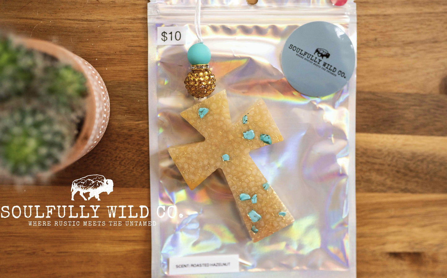 Soulful Air Freshener: Yellow Cross with Turquoise Stones (Scent: Roasted Hazelnut)
