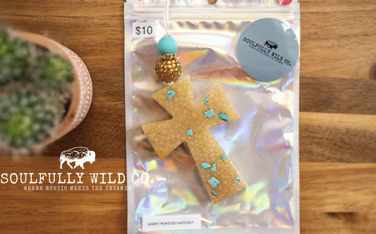 Soulful Air Freshener: Yellow Cross with Turquoise Stones (Scent: Roasted Hazelnut)