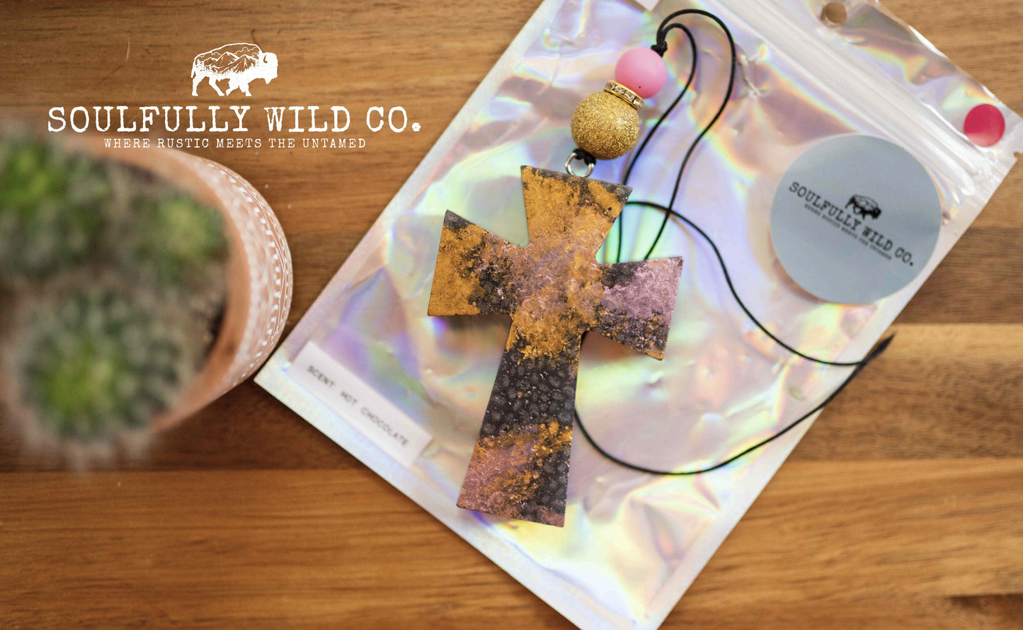 Soulful Air Freshener: Cross - Black with Gold and Pink Tones (Scent: Hot Chocolate)
