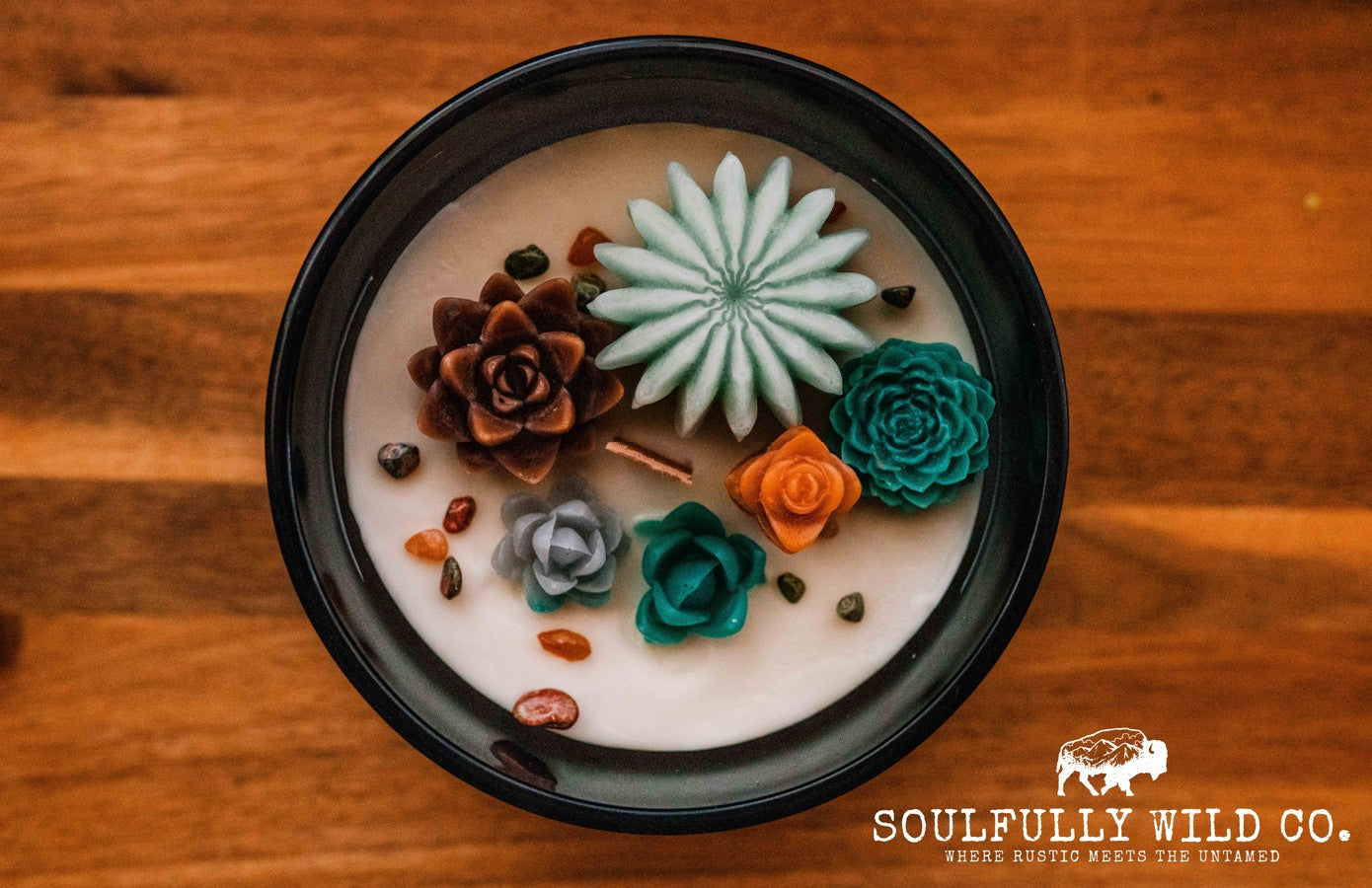 Soulful Handcrafted Soy Candles - Cactus - Teal, Brown and Orange (Scent: Pink Lilac & Vanilla)