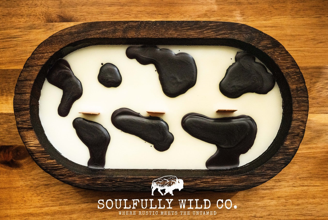 Soulful Handcrafted Soy Candles - Dough Bowl White Base, Black Cow Print