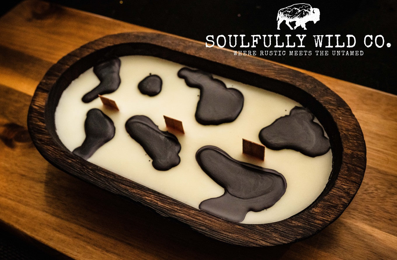 Soulful Handcrafted Soy Candles - Dough Bowl White Base, Black Cow Print