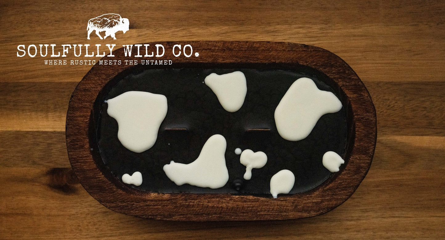 Soulful Handcrafted Soy Candles - Dough Bowl Black Base, White Cow Print