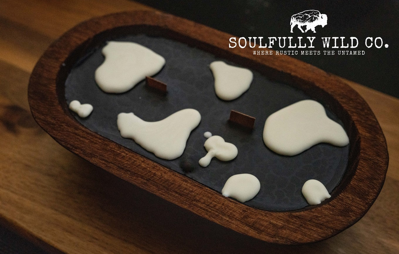 Soulful Handcrafted Soy Candles - Dough Bowl Black Base, White Cow Print
